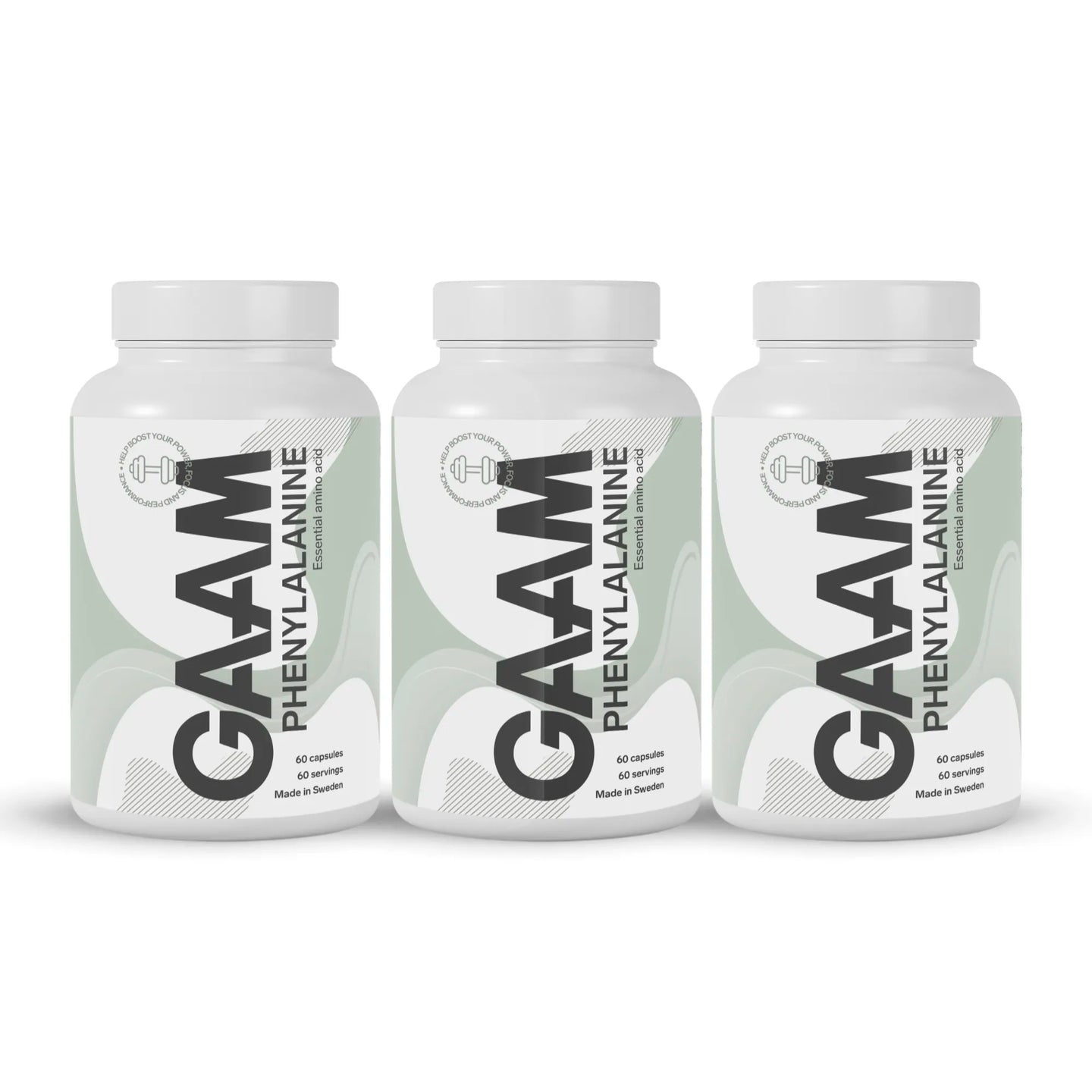 Tre vita burkar med GAAM Phenylalanine 60 caps, med detaljer i grönt och svart.
