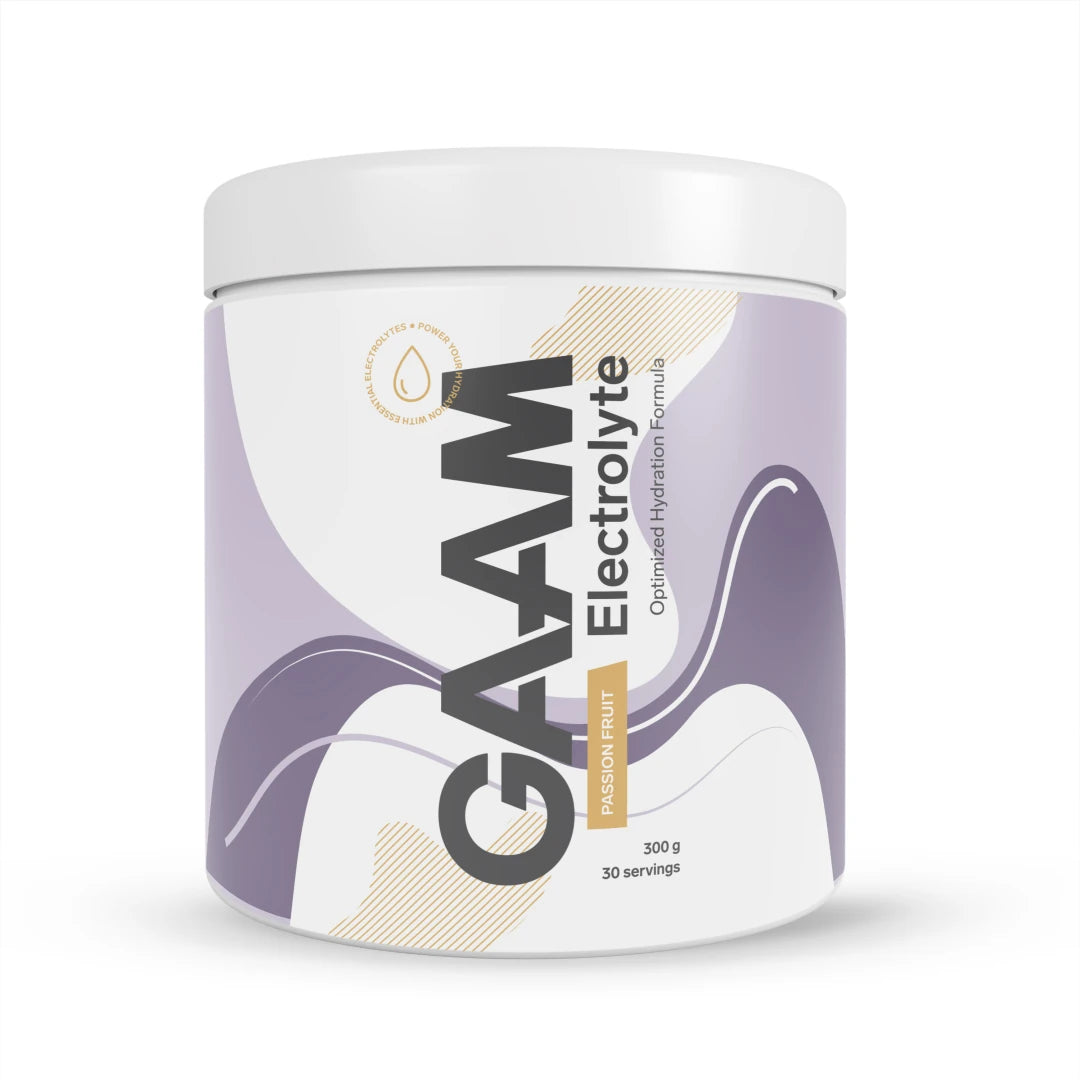 GAAM Electrolyte 300 g elektrolytpulver i en vit burk med lila detaljer för smaken Passion Fruit., bild 2 av 2
