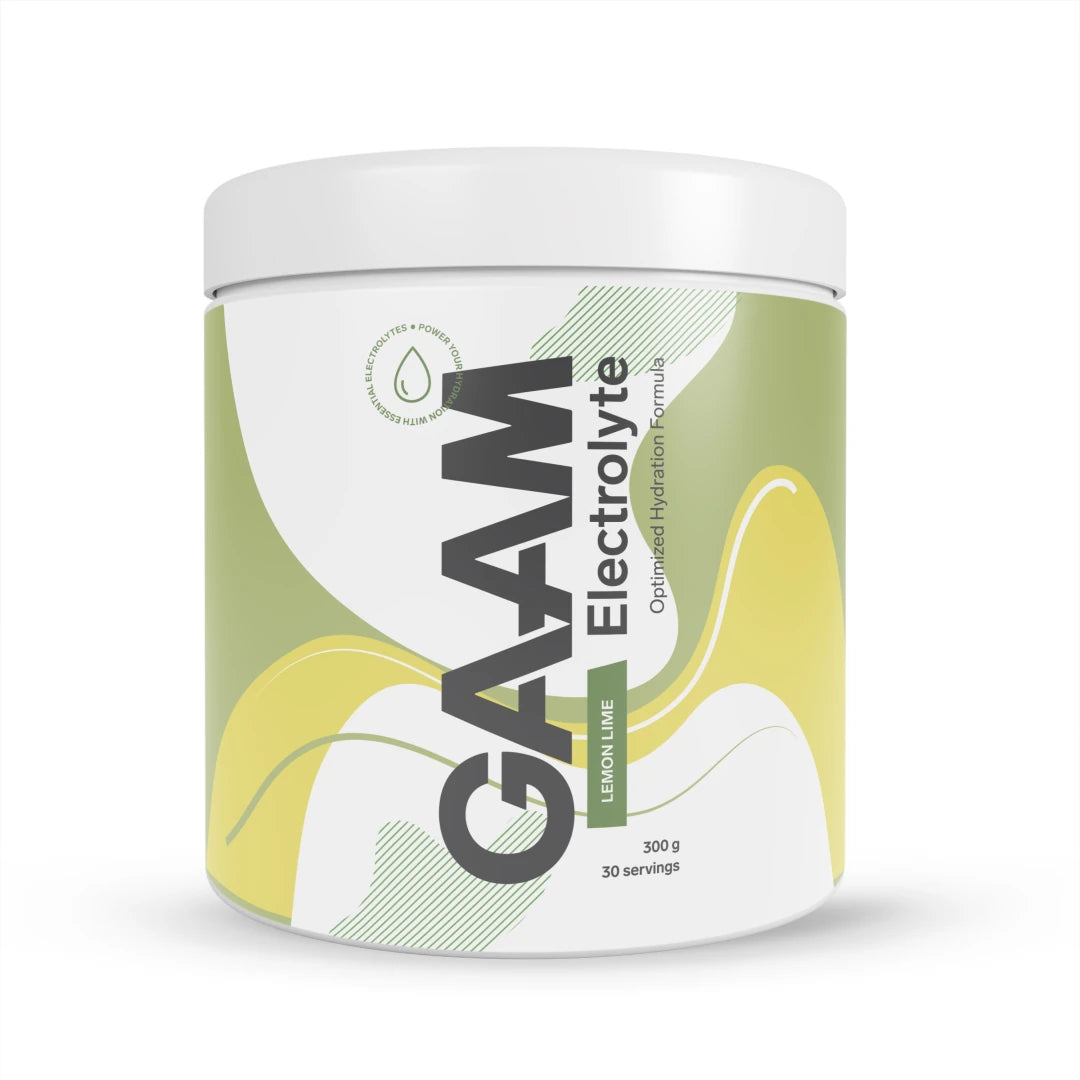 GAAM Electrolyte 300 g elektrolytpulver i en vit burk med gröna och gula detaljer för smaken Lemon Lime.