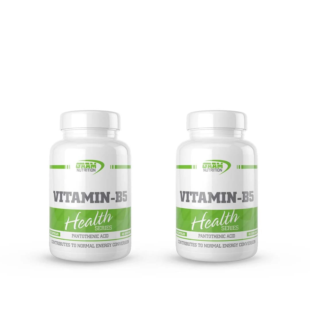 2 x GAAM Vitamin B5 90 caps i två vita burkar med gröna detaljer från GAAM Nutrition Health Series.