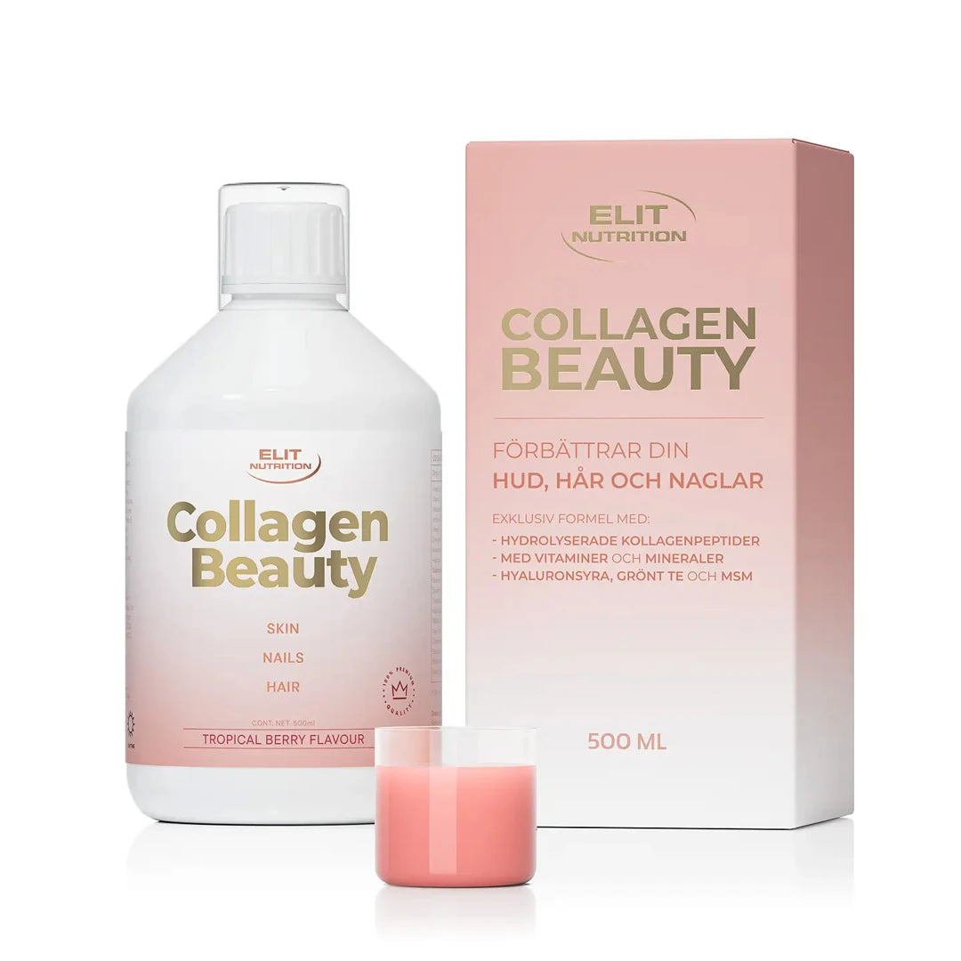 Elit Nutrition Collagen Beauty 500 ml flytande kollagen i en vit flaska och rosa kartong, med ett litet glas bredvid.