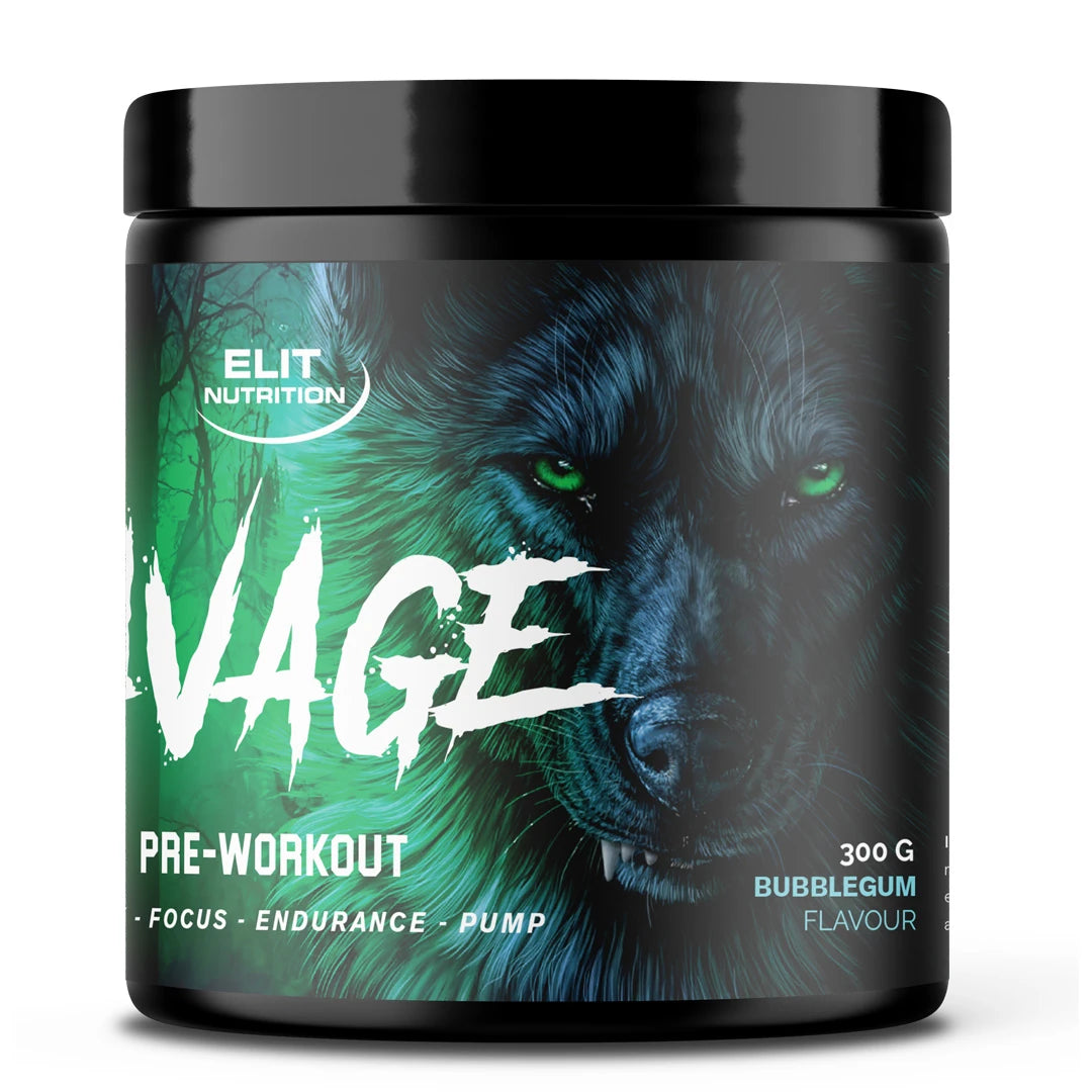 Elit Nutrition Savage PWO 300 g i en svart burk med grön vargdesign och smaken Bubblegum.