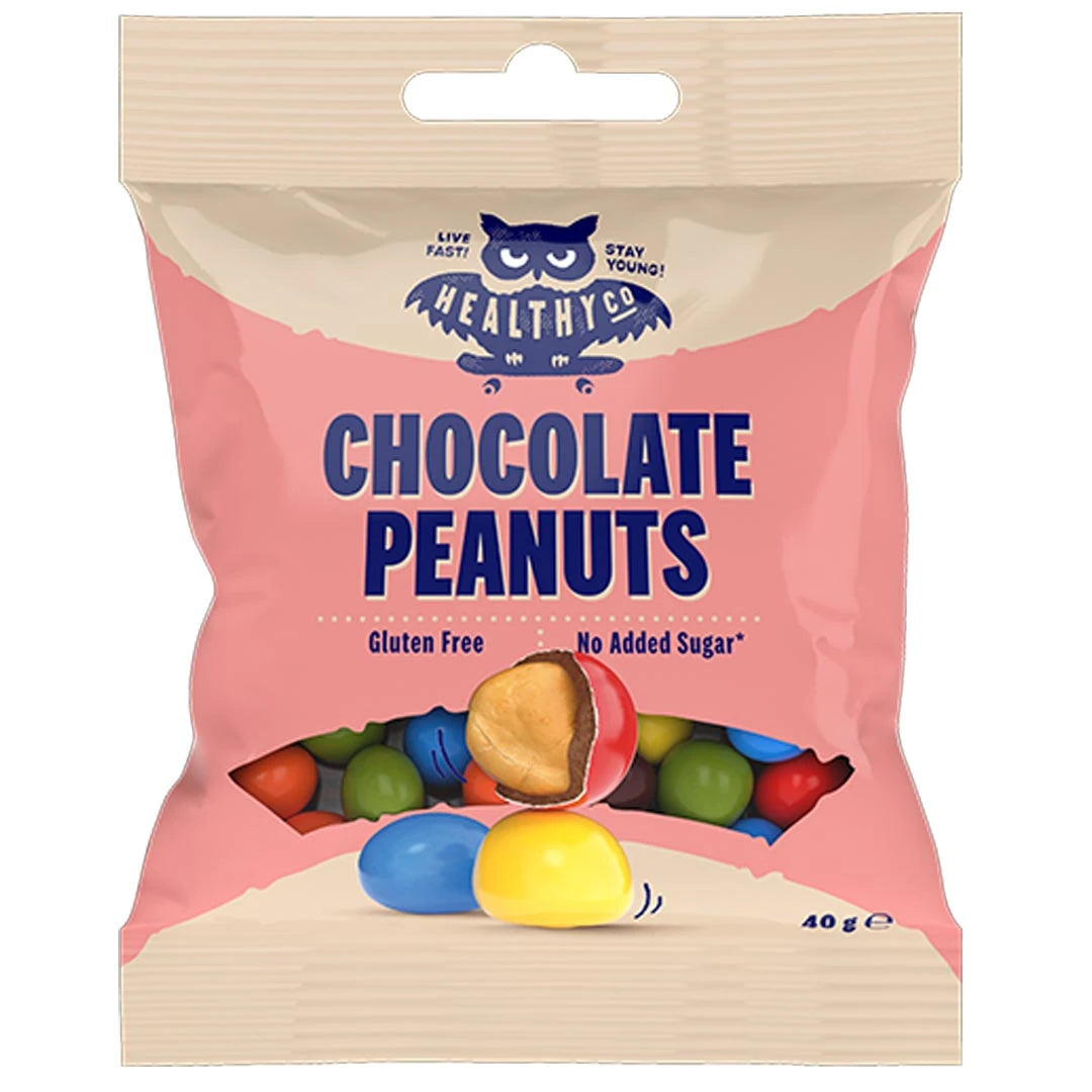 Healthyco 40 g Chocolate Peanuts i en rosa och beige påse fylld med färgglada chokladdragerade jordnötter.