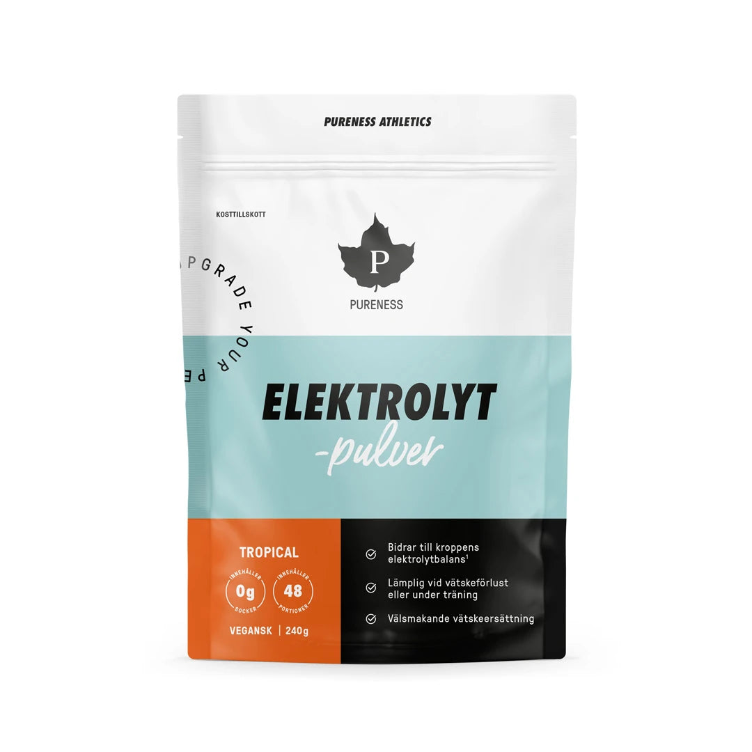Pureness Elektrolytpulver 240 g i en vit och ljusblå påse med orange detaljer för smaken Tropical., bild 3 av 5