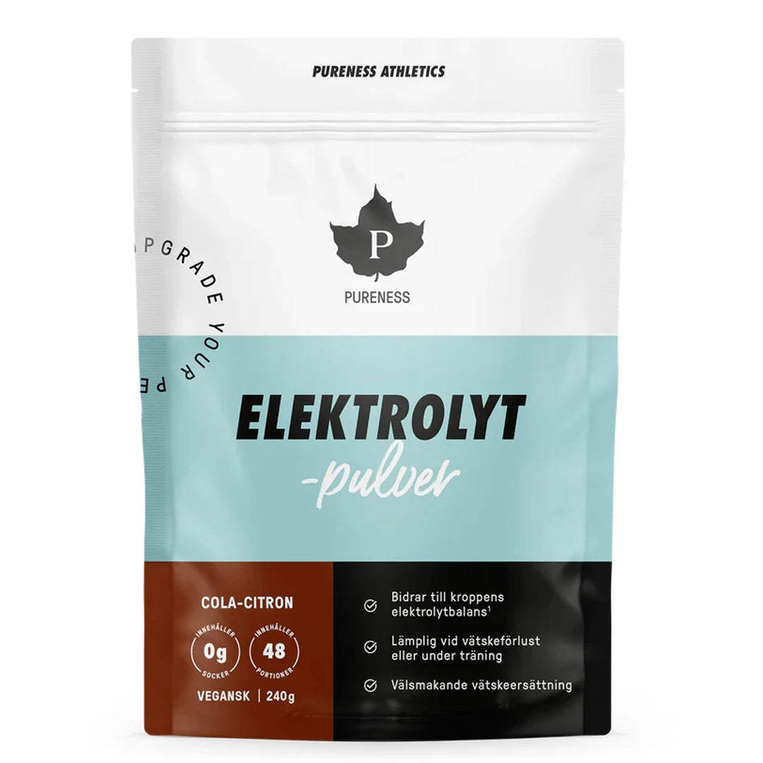Pureness Elektrolytpulver 240 g i en vit och ljusblå påse med bruna detaljer för smaken Cola Citron., bild 4 av 5