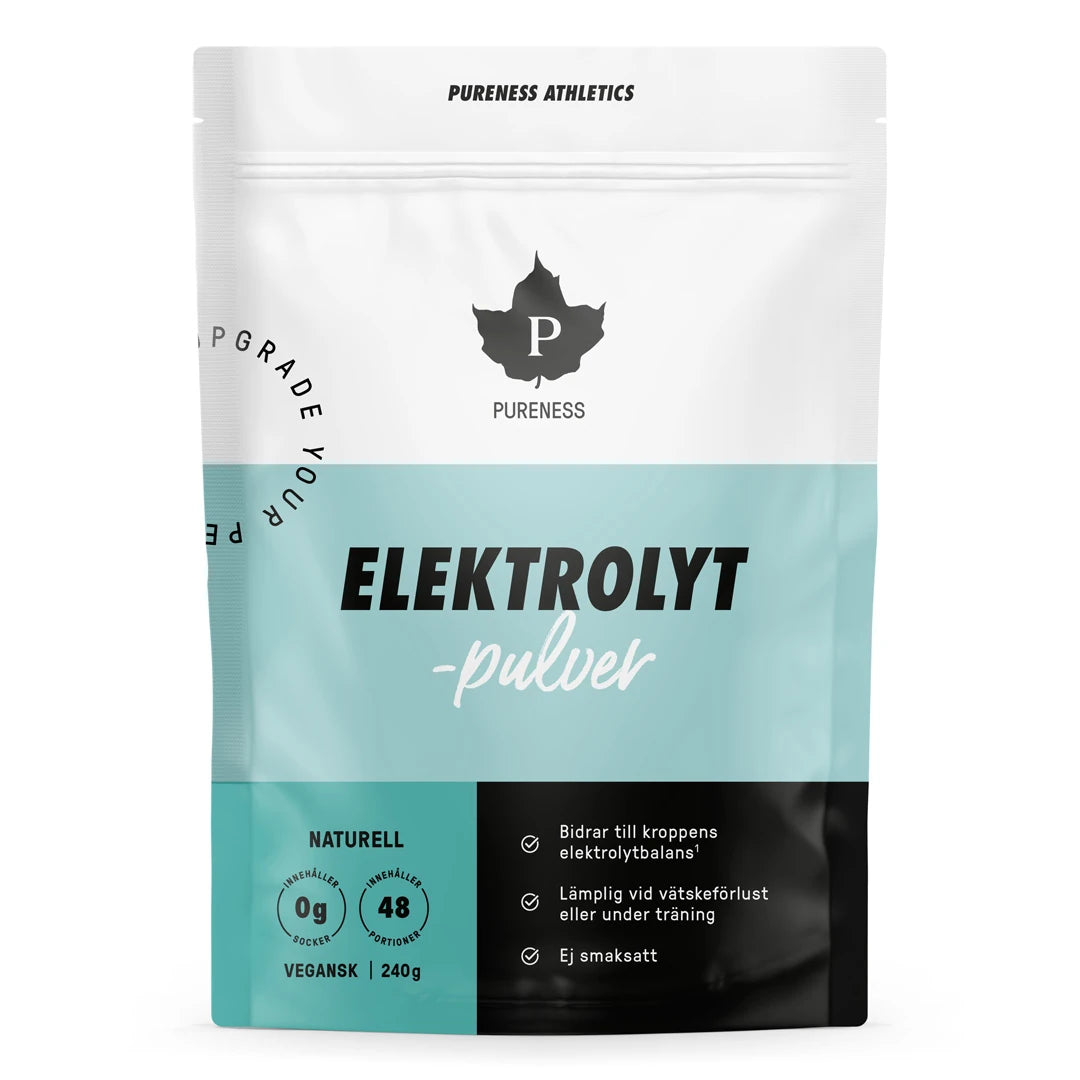 Pureness Elektrolytpulver 240 g i en vit och ljusblå påse för smaken Naturell.