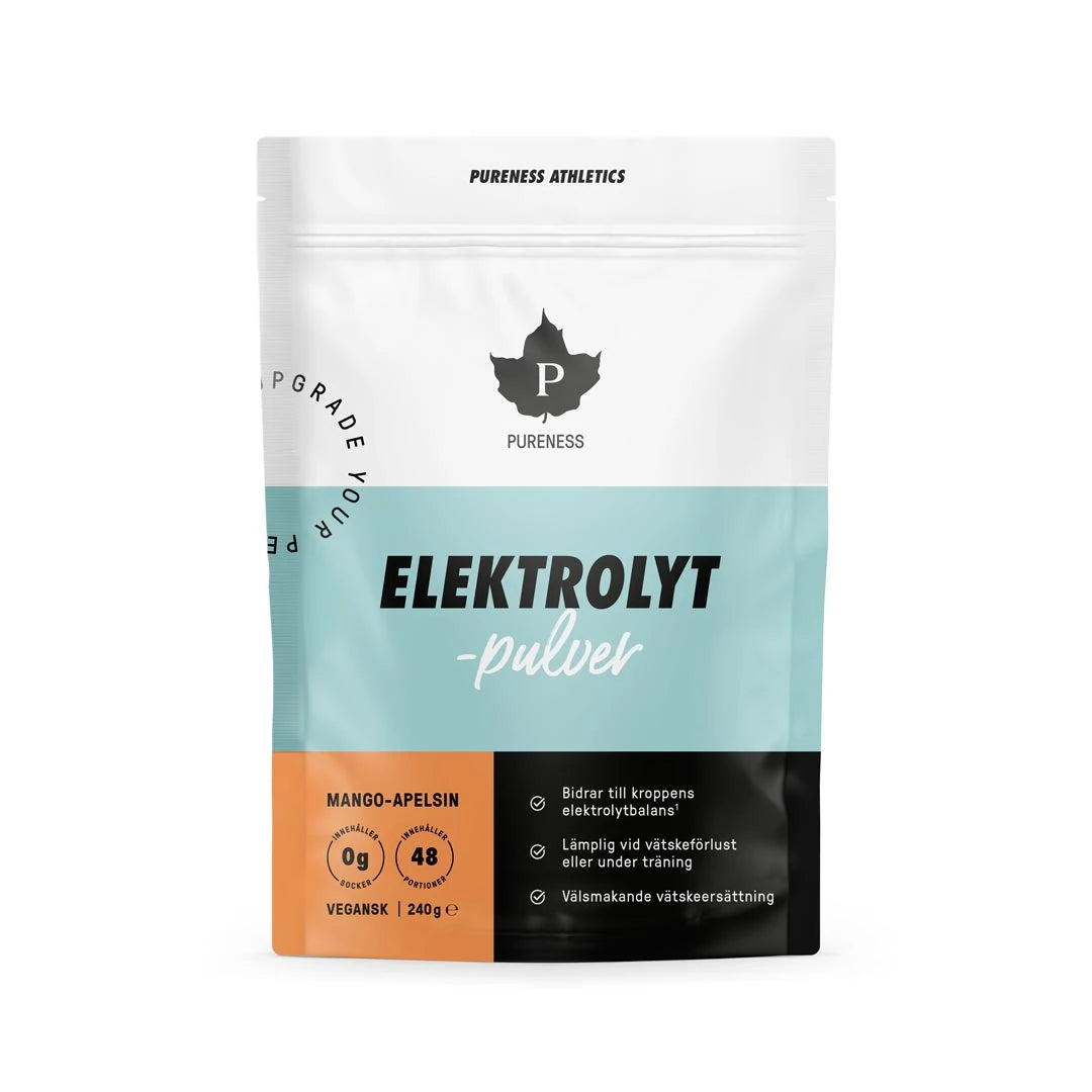 Pureness Elektrolytpulver 240 g i en vit påse med ljusblå och orangea detaljer för smaken Mango Apelsin.