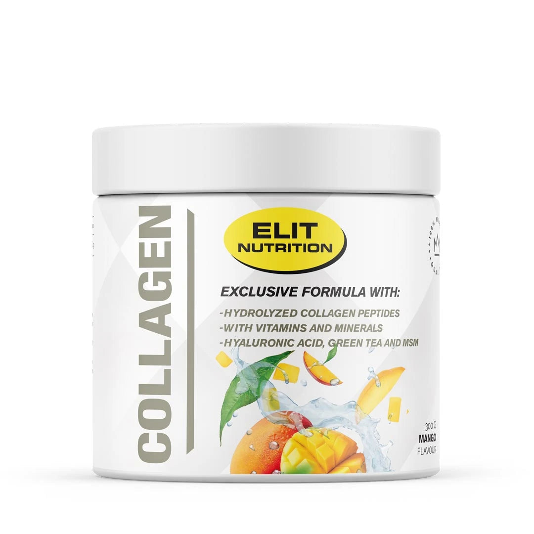 Elit Nutrition Collagen 300 g kollagenpulver i en vit burk med fruktmotiv för smaken Mango.