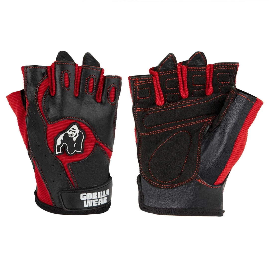 Gorilla Wear Mitchell Training Gloves Black/Red, ett par svarta träningshandskar i läder med röda meshdetaljer.