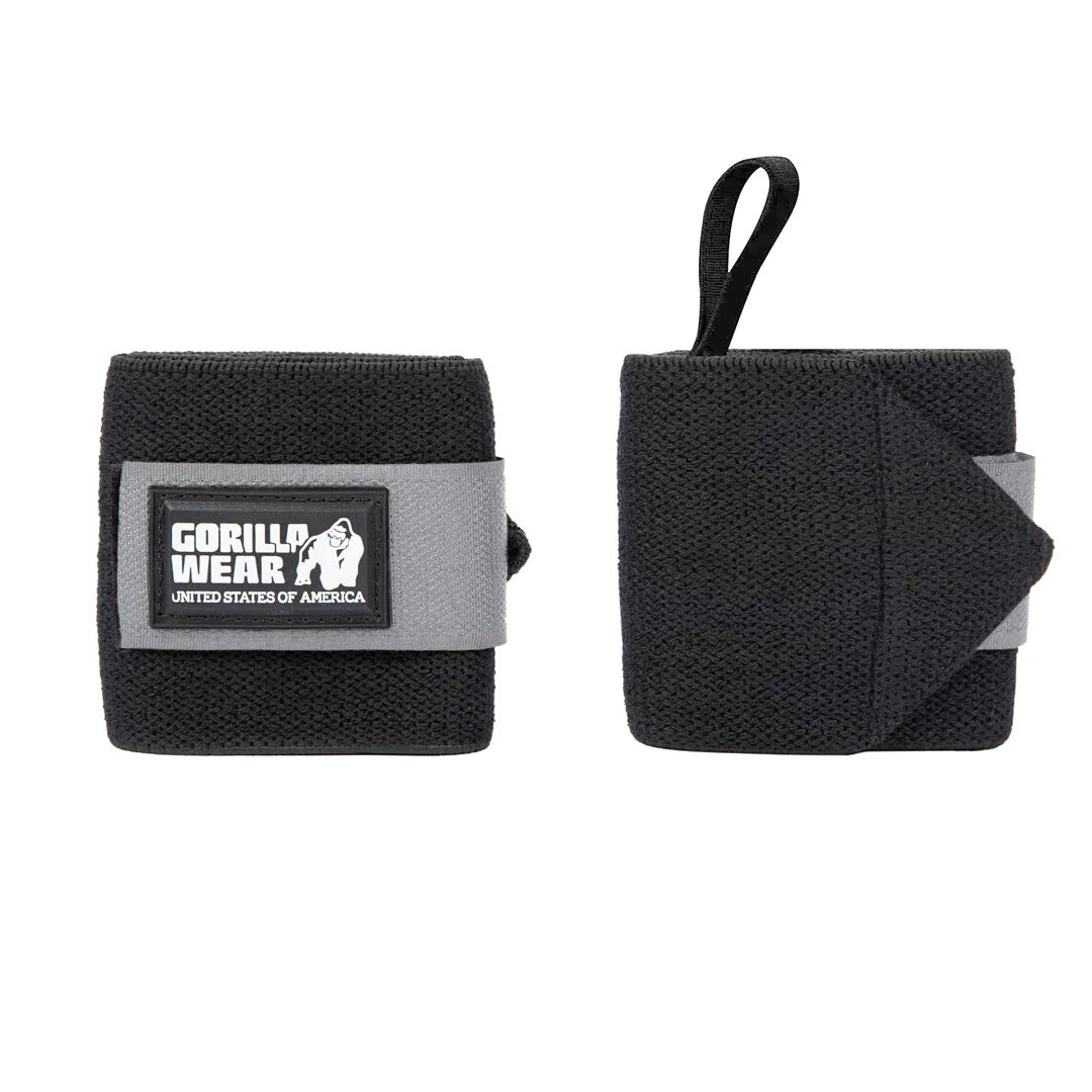 Gorilla Wear Wrist Wraps Basic Black/Grey, svarta och grå handledslindor i elastiskt material med kardborrestängning och tumögla.