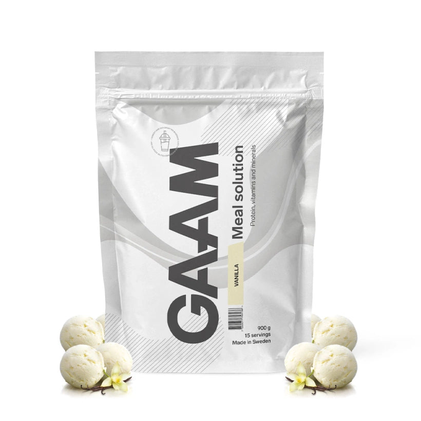 GAAM Meal Solution 900 g måltidsersättning i en vit påse med smaken Vanilla, omgiven av vaniljglass.