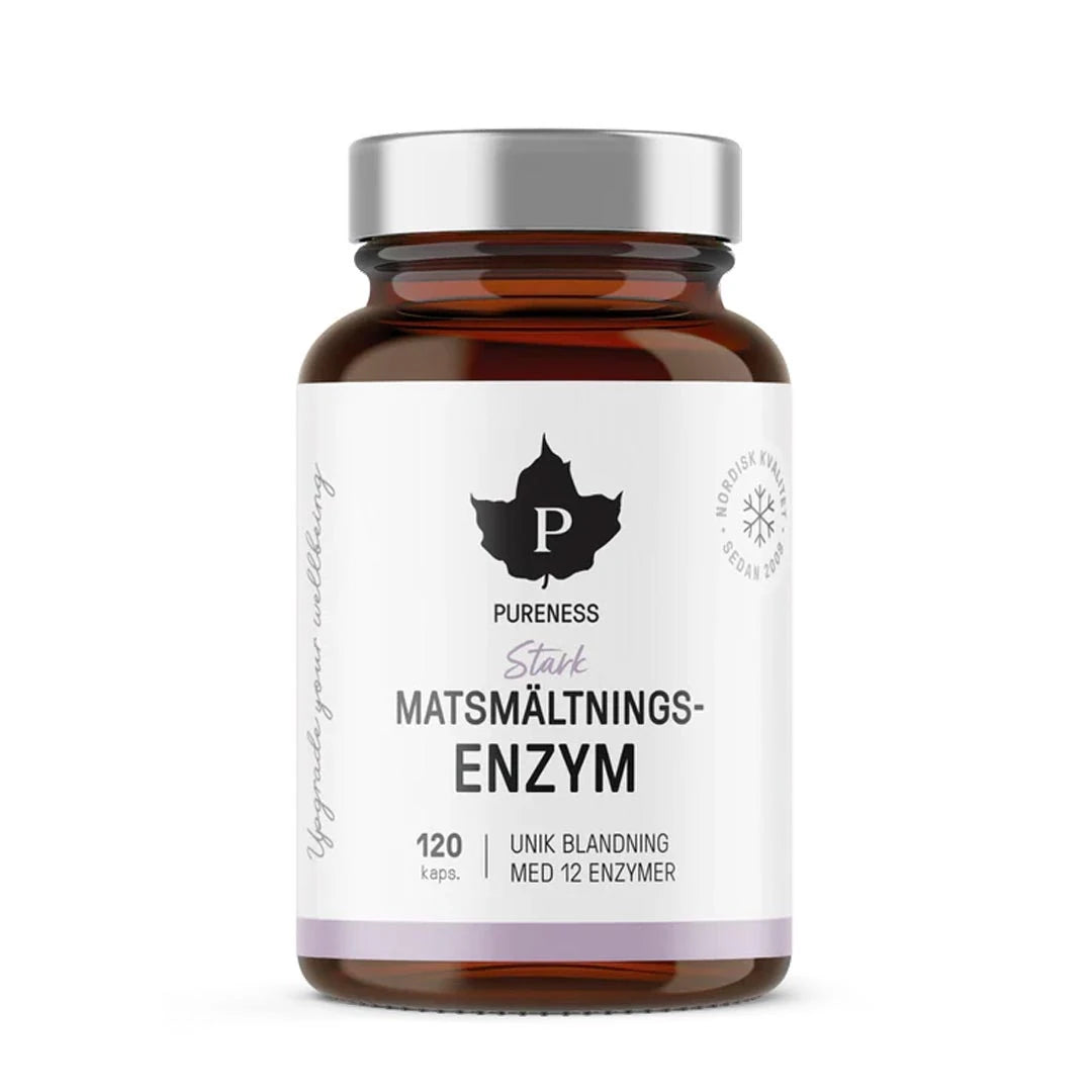 Pureness Starkt Matsmältningsenzym 120 caps i en brun glasburk med vit etikett och silverfärgat lock.