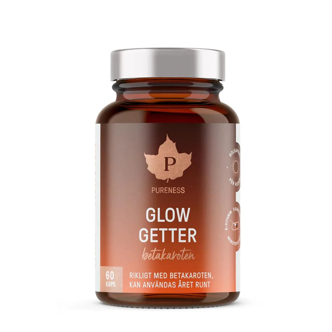 Pureness Glow Getter 60 caps solkapslar med betakaroten i en mörkbrun burk med silverlock.