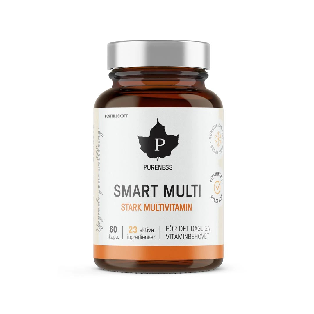 Pureness Smart Multi 60 caps i en brun glasburk med silverfärgat lock, vit etikett och orangea detaljer.