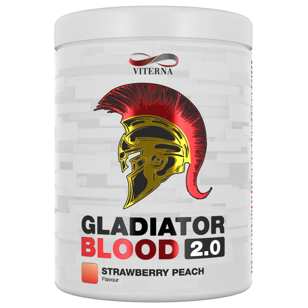 Viterna Gladiator Blood 2.0 460 g PWO i en vit burk med ett rött och guldigt gladiatormotiv för smaken Strawberry Peach.