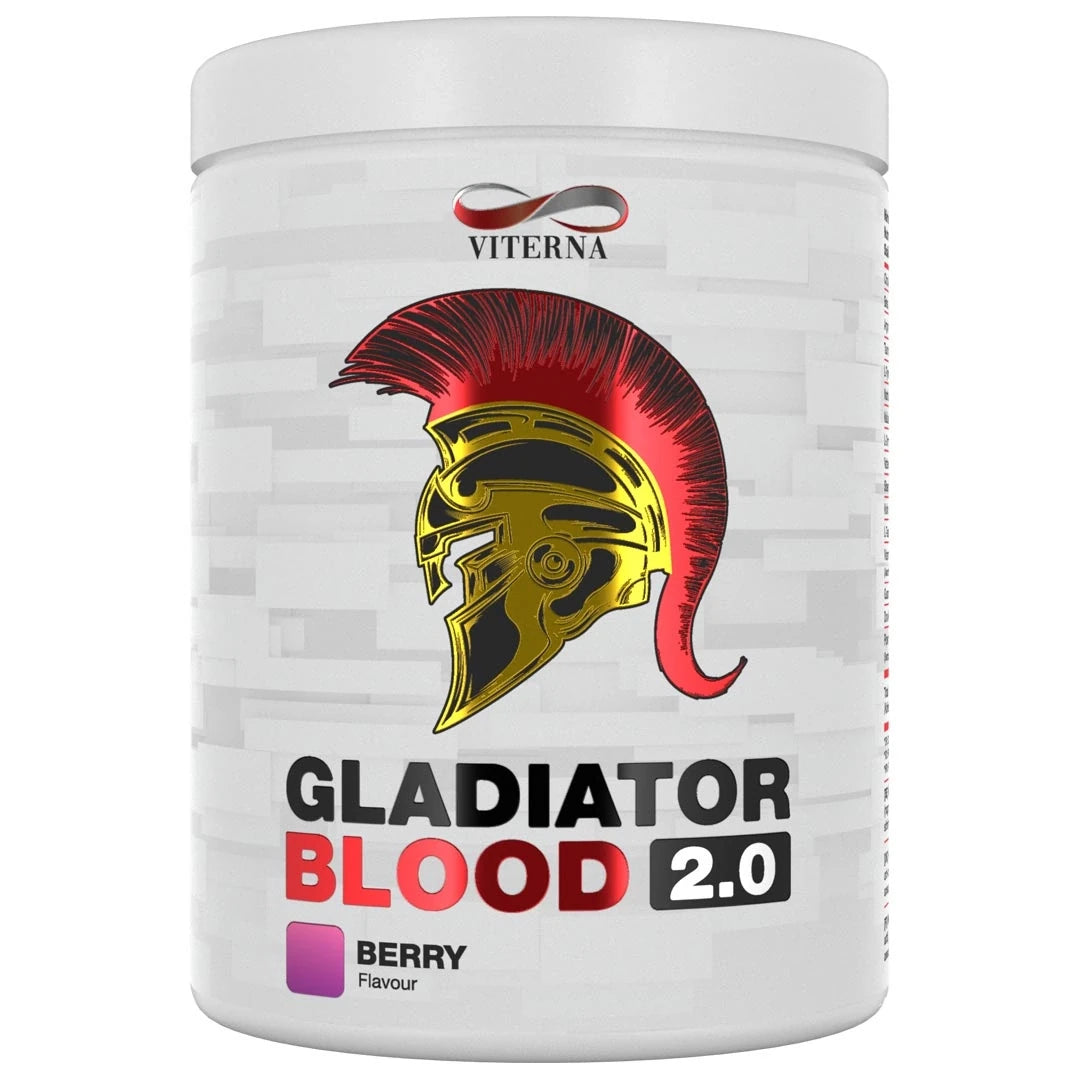 Viterna Gladiator Blood 2.0 460 g PWO i en vit burk med röd och guldig gladiatorhjälm för smaken Berry Mix., bild 4 av 5
