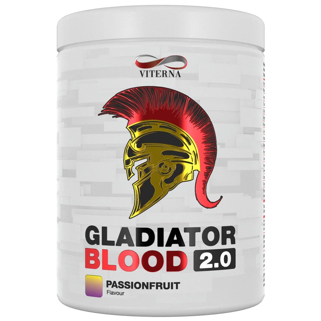 Viterna Gladiator Blood 2.0 460 g PWO-pulver i en vit burk med gladiatorhjälm för smaken Passionfruit., bild 5 av 5