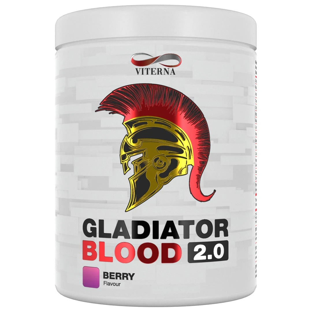 Viterna Gladiator Blood 2.0 460 g PWO-pulver i en vit burk med en röd och guldglänsande gladiatorhjälm för smaken Berry.