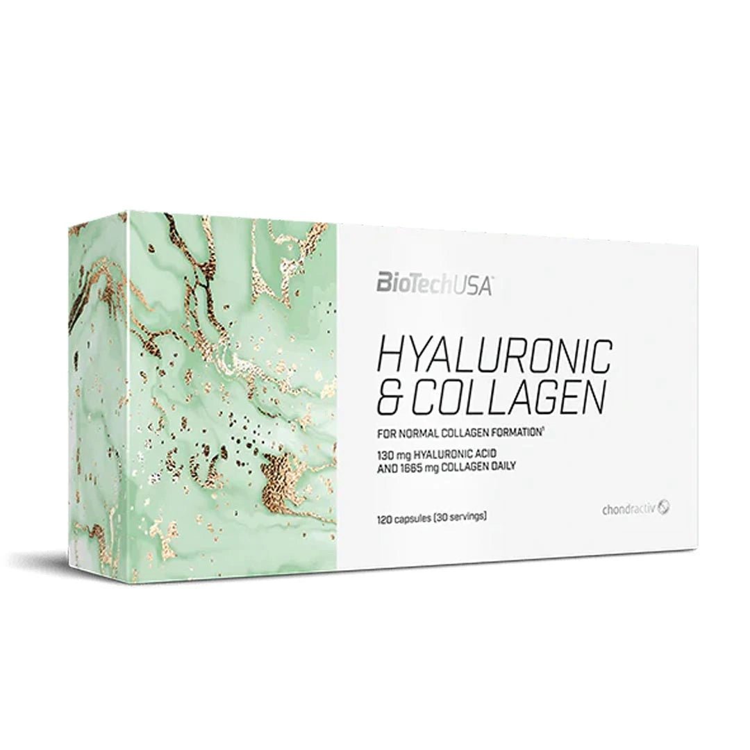 BioTechUSA Hyaluronic & Collagen 120 caps kosttillskott i en vit ask med ljusgrönt marmormönster.