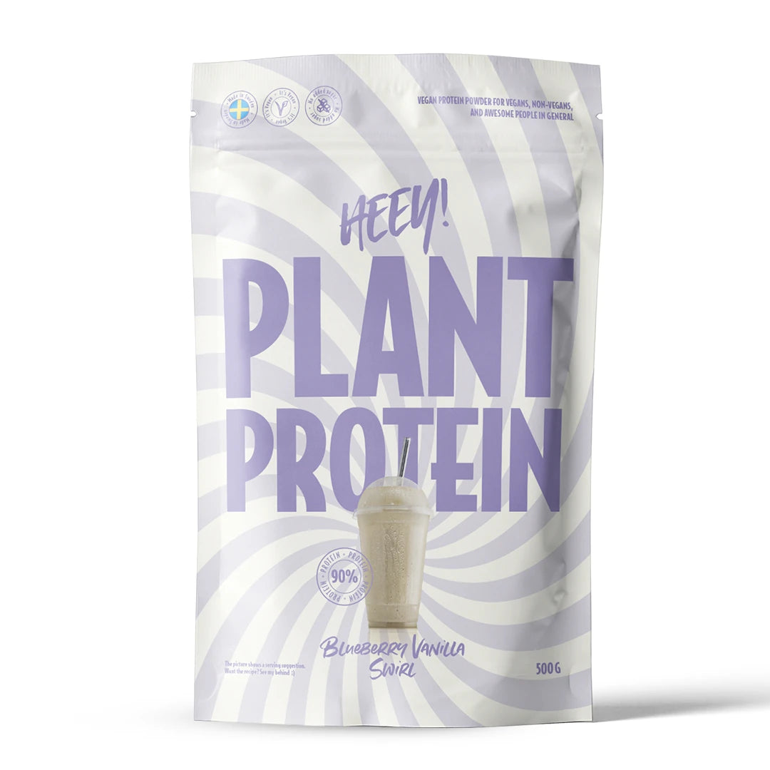 Heey! Veganskt Protein 500 g proteinpulver i en vit och ljuslila påse för smaken Blueberry Vanilla Swirl., bild 5 av 9