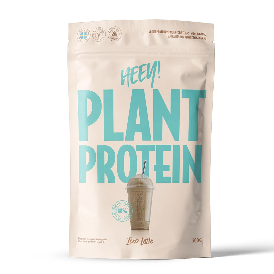 Heey! Veganskt Protein 500 g proteinpulver i en beige påse med turkos text för smaken Iced Latte., bild 6 av 9