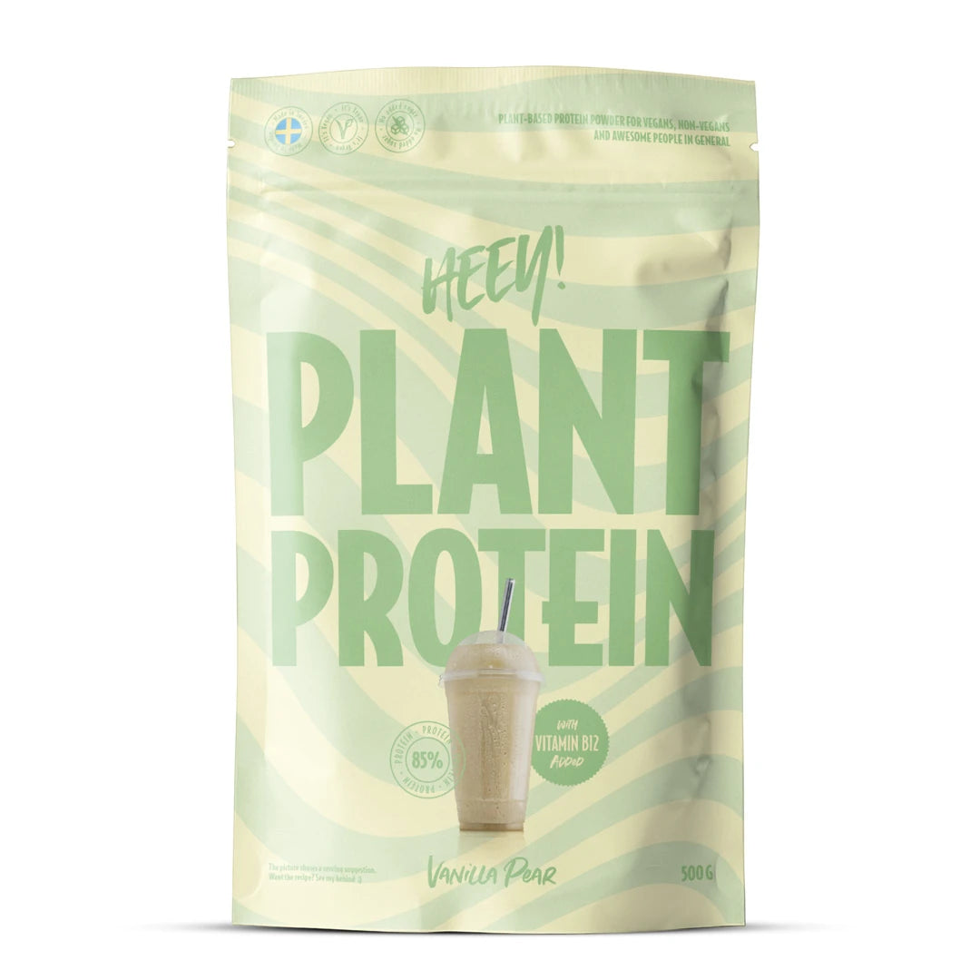 Heey! Veganskt Protein 500 g proteinpulver i en ljusgrön och krämvit påse för smaken Päron Vanilj., bild 8 av 9