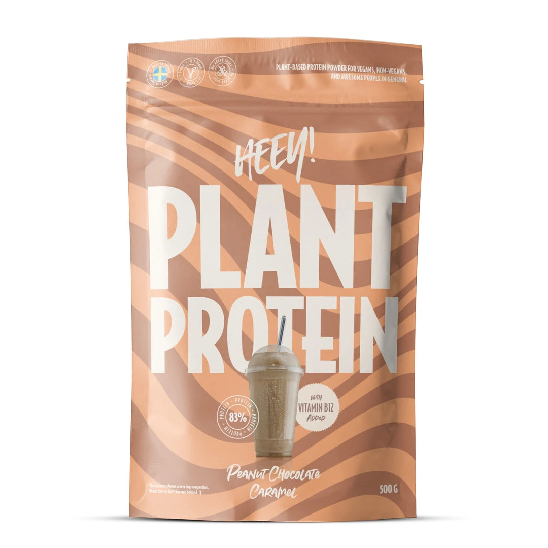 Heey! Veganskt Protein 500 g proteinpulver i en brunrandig påse för smaken Jordnöt Choklad Karamell., bild 9 av 9