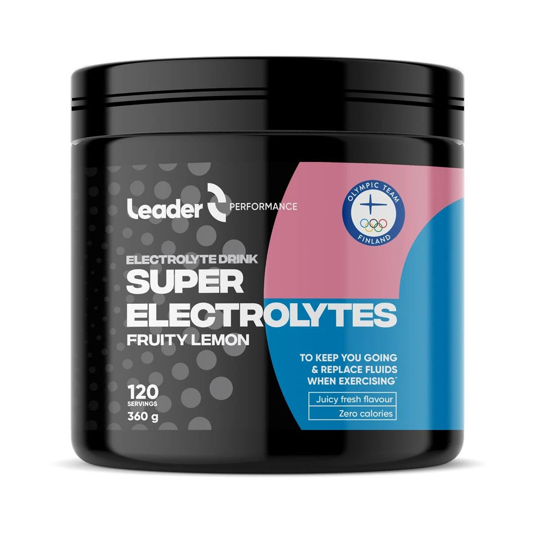 Leader Performance Electrolyte powder 360 g i en svart burk med rosa och blå etikett och smaken Fruity Lemon.