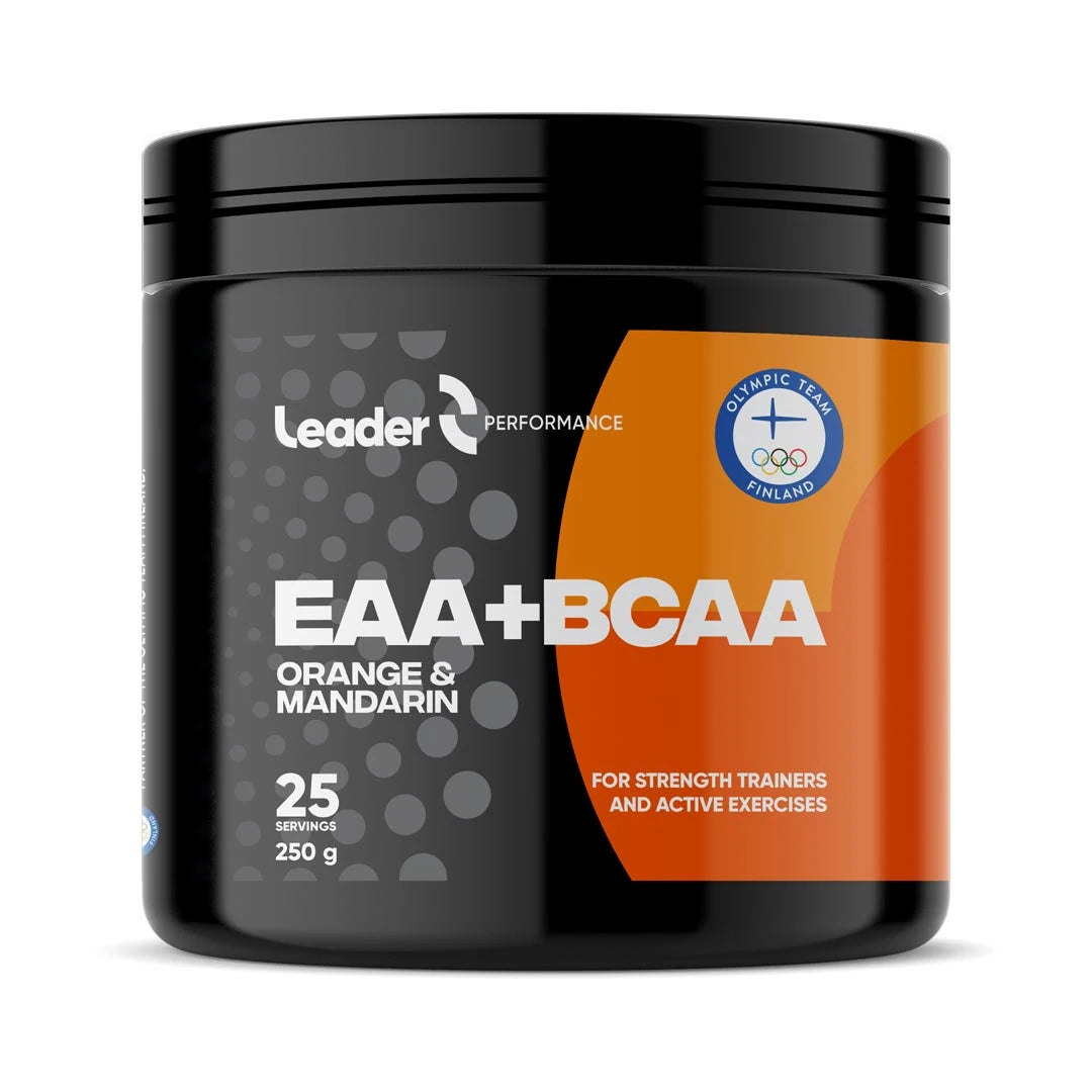 Leader Performance EAA+BCAA 250 g aminosyrapulver i en svart burk med orange etikett för smaken Orange & Mandarin.