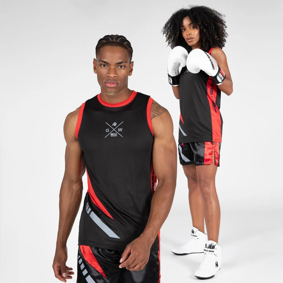 Gorilla Wear Hornell Tank Top Black/Red, ett svart och rött unisex träningslinne i polyester på två modeller., bild 4 av 6