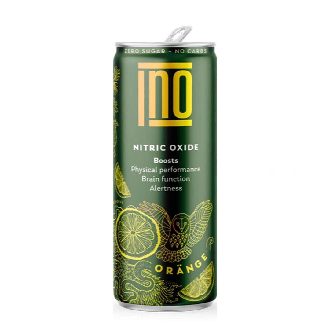 INO Nitric Oxide Drink 330 ml PWO-dryck i en mörkgrön burk med guldgula detaljer för apelsinsmak.