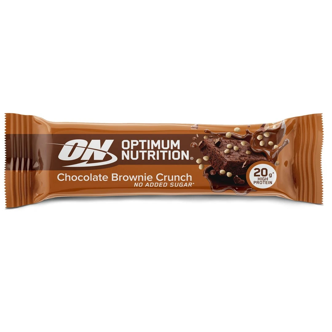 Optimum Nutrition Protein Bar 70 g i en brun förpackning med chokladdetaljer för smaken Chocolate Brownie Crunch.