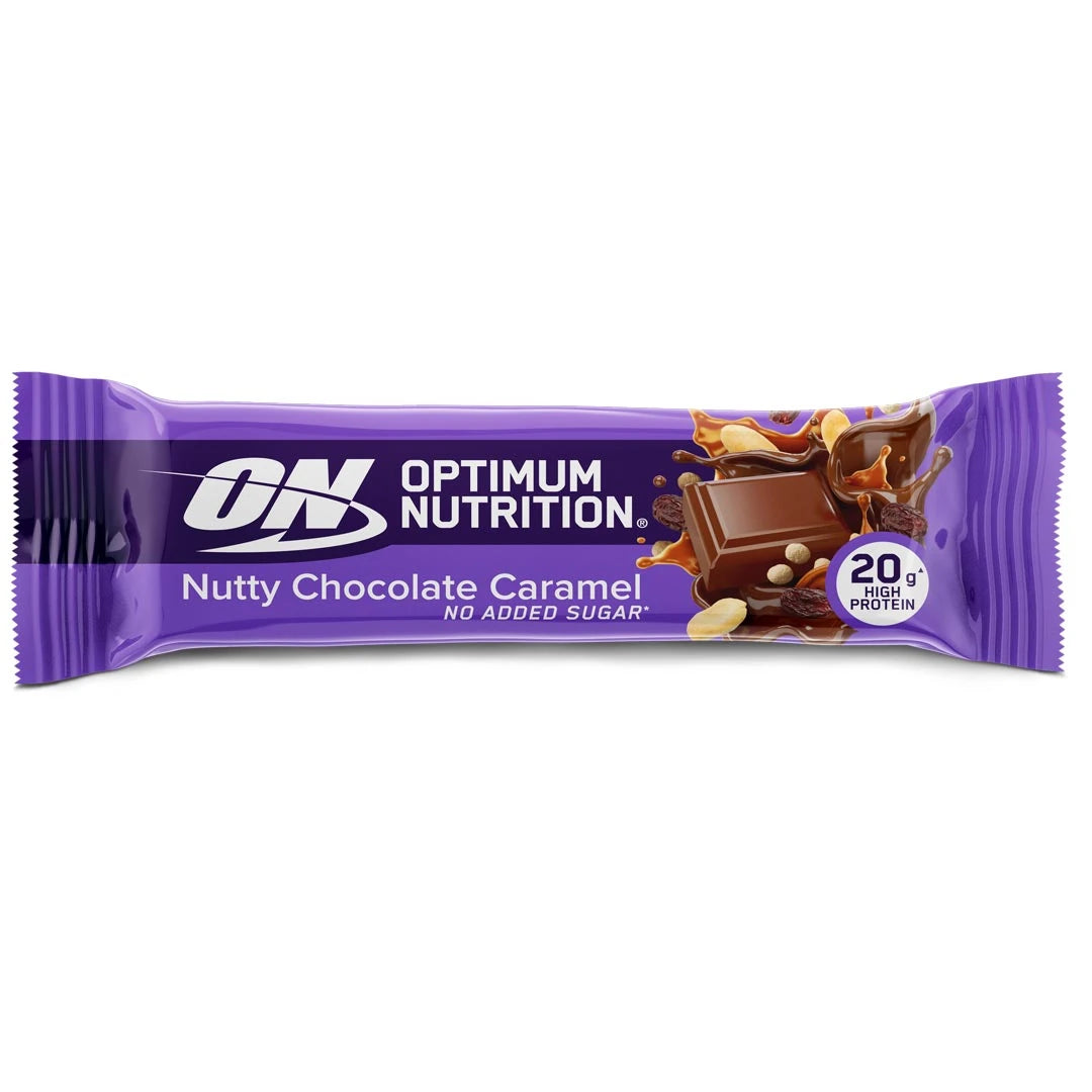 Optimum Nutrition Protein Bar 70 g i lila förpackning med smak av Nutty Chocolate Caramel.
