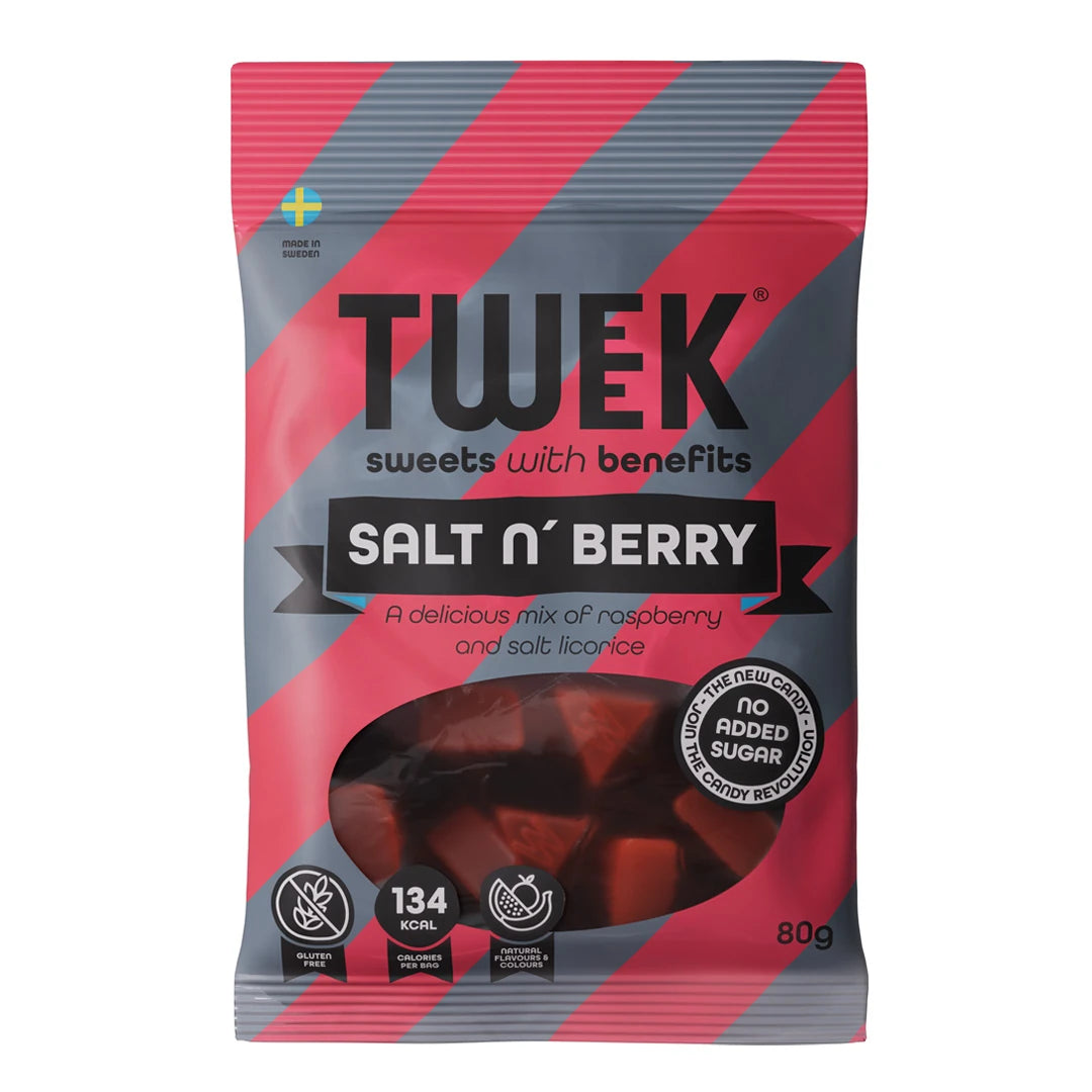 Tweek Sweets 80 g godis i en randig rosa och grå påse för smaken Salt n' Berry., bild 3 av 7