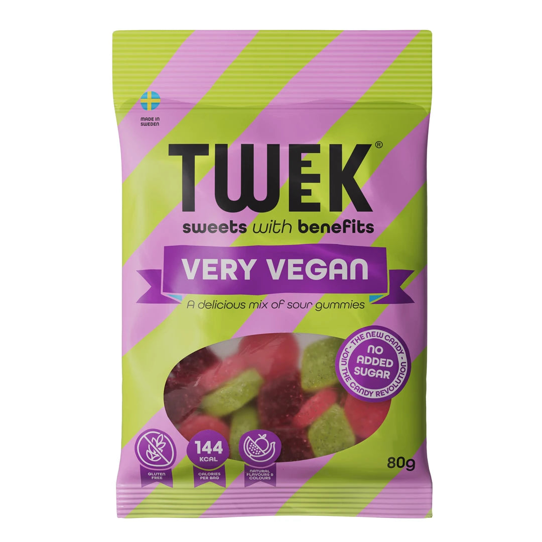 Tweek Sweets 80 g veganskt godis i en grön och rosa randig påse med smaken Very Vegan., bild 4 av 7