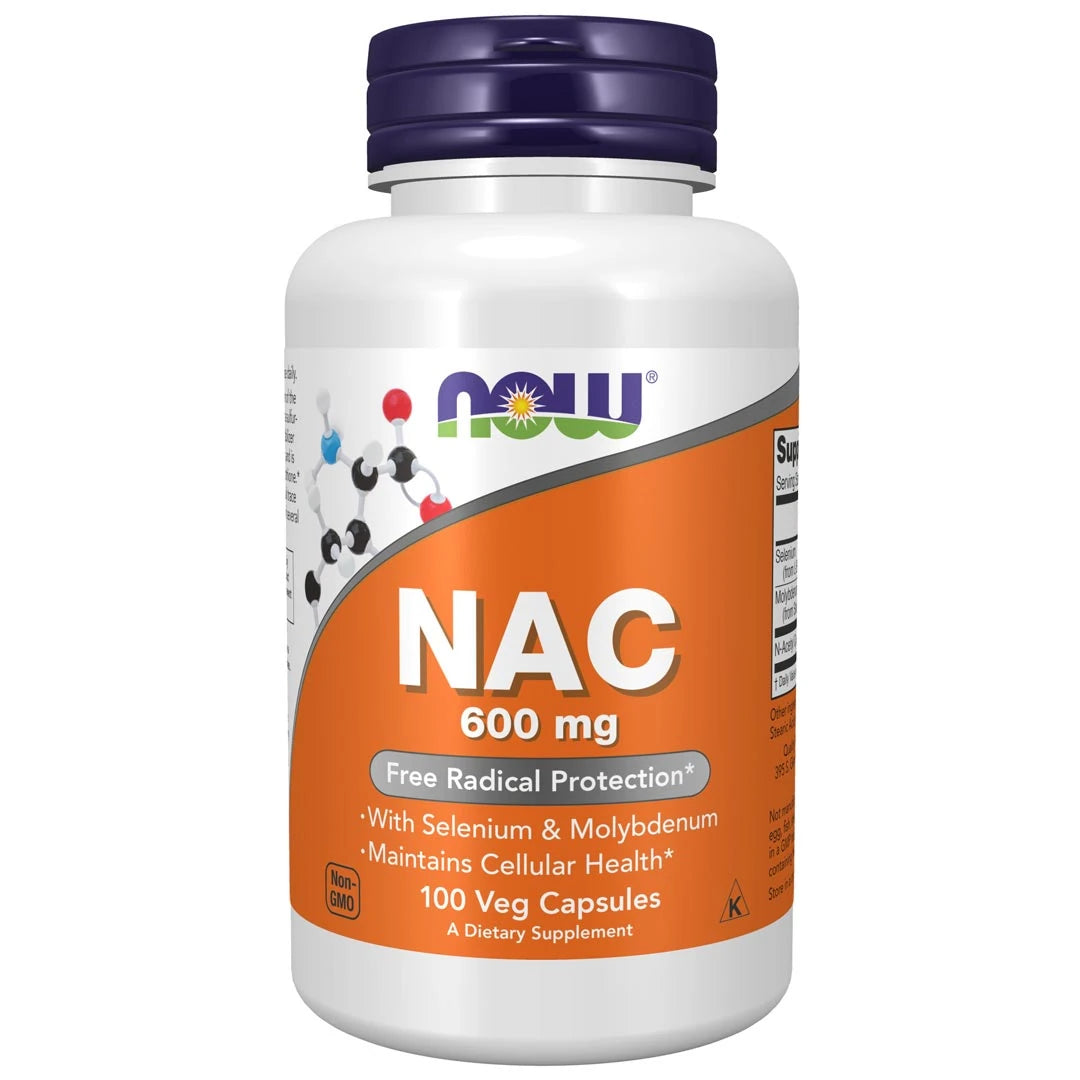 NOW NAC 600 mg 100 caps kosttillskott i en vit plastburk med orange etikett och mörkblått lock.