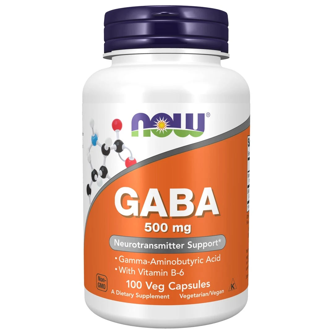NOW GABA 500 mg 100 caps i en vit burk med orange etikett och mörkblått lock.