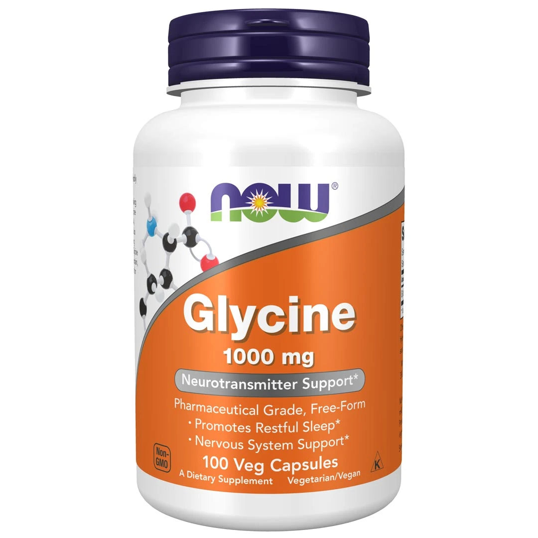NOW Glycine 1000 mg 100 caps aminosyror i en vit burk med orange etikett och mörkblått lock.