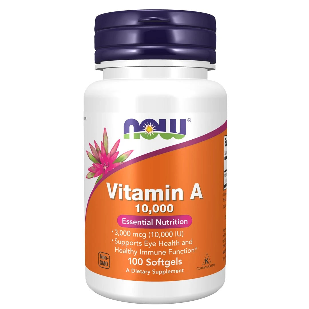 NOW A-vitamin 10.000IU 100 caps kosttillskott i en vit burk med mörkblått lock och orange etikett.