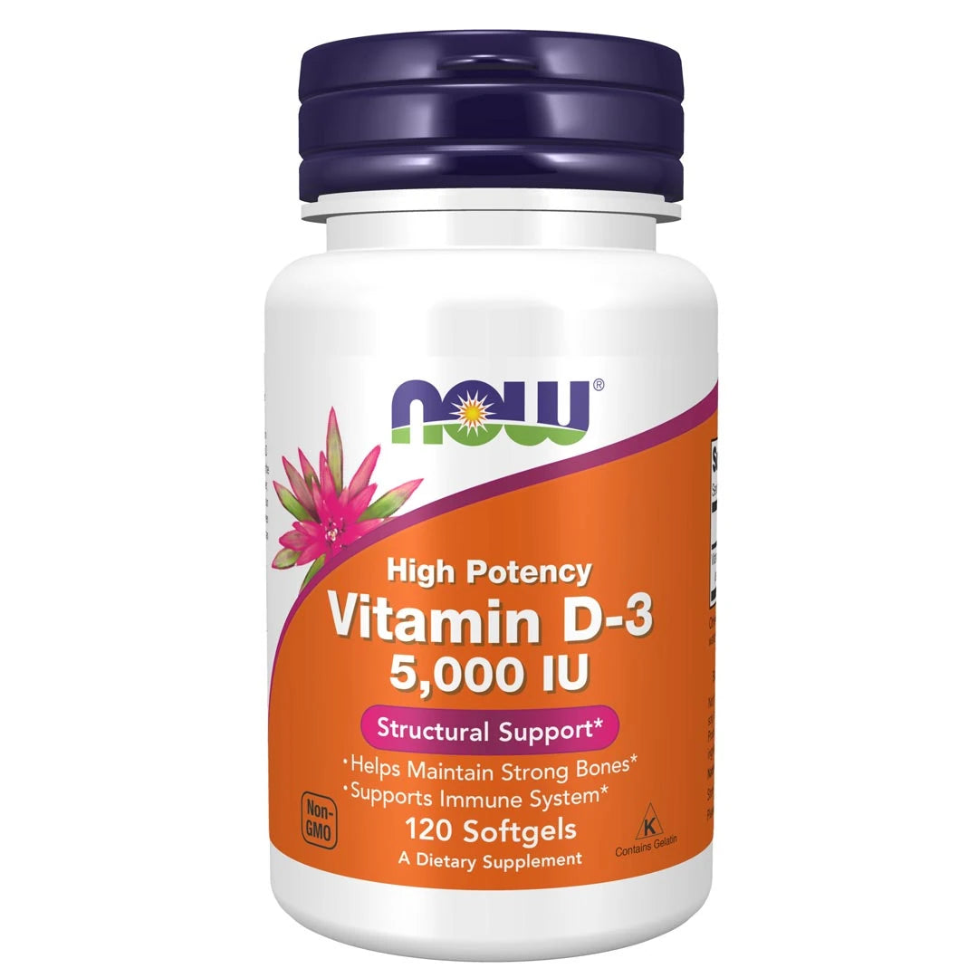 NOW VitaminD-3 5000IU 120 caps kosttillskott i en vit burk med mörkblått lock och orange etikett.