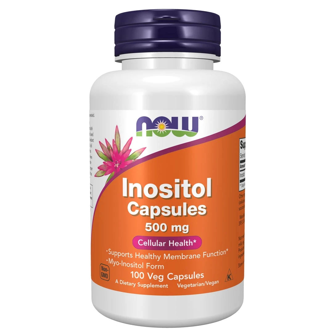 NOW Inositol 500 mg 100 caps i en vit burk med orange etikett och mörklila lock.