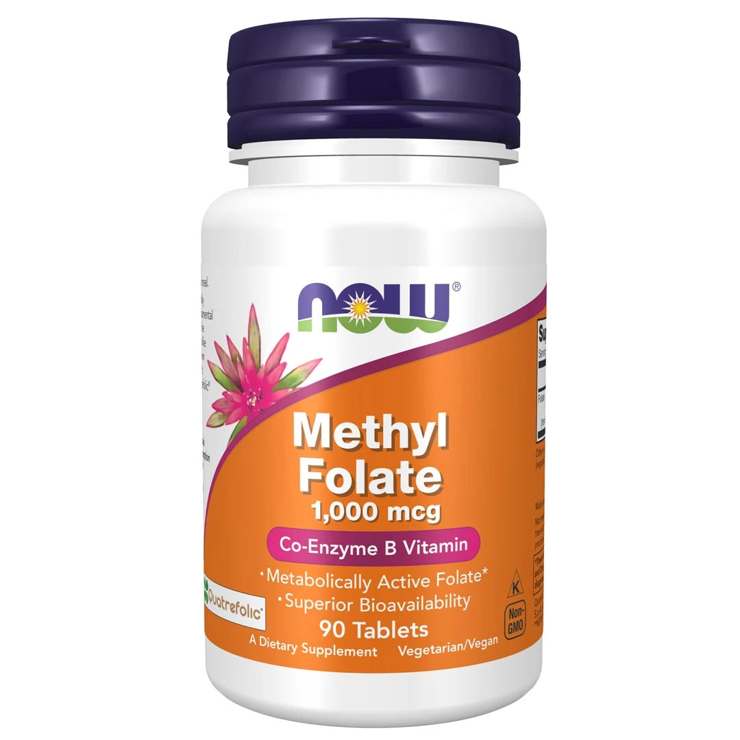 NOW Methylfolate 1000mcg 90 tabs folsyratillskott i en vit burk med orange och lila etikett samt mörklila lock.