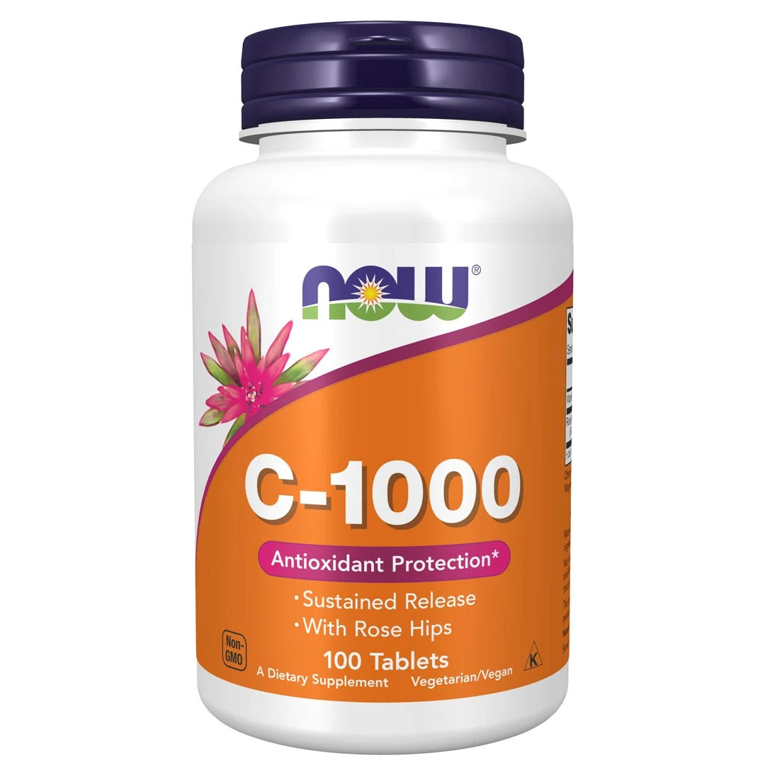 NOW Vitamin C-1000 Sustained Release 100 tabs kosttillskott i en vit burk med orange etikett och ett mörkblått lock.