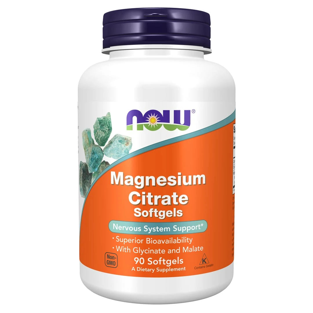 NOW Magnesium Citrate 134 mg 90 caps kosttillskott i en vit burk med orange etikett och mörkblått lock.