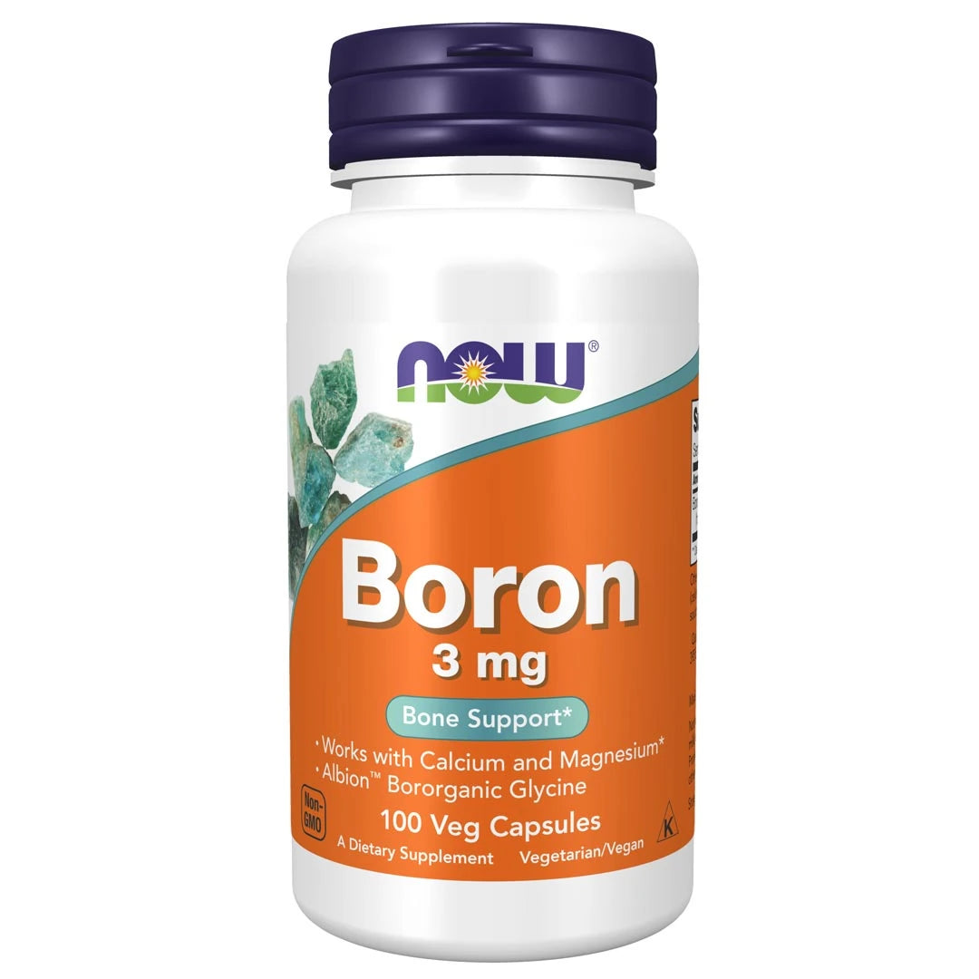NOW Boron 3mg 100 caps kosttillskott i en vit burk med lila lock och en orange etikett.