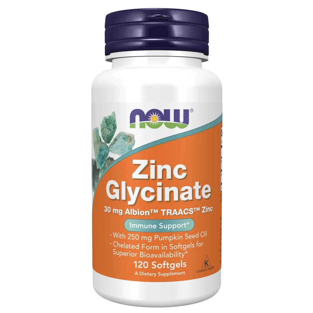 NOW Zinc Glycinate 30mg 120 caps, förpackad i en vit burk med lila lock och orange etikett.