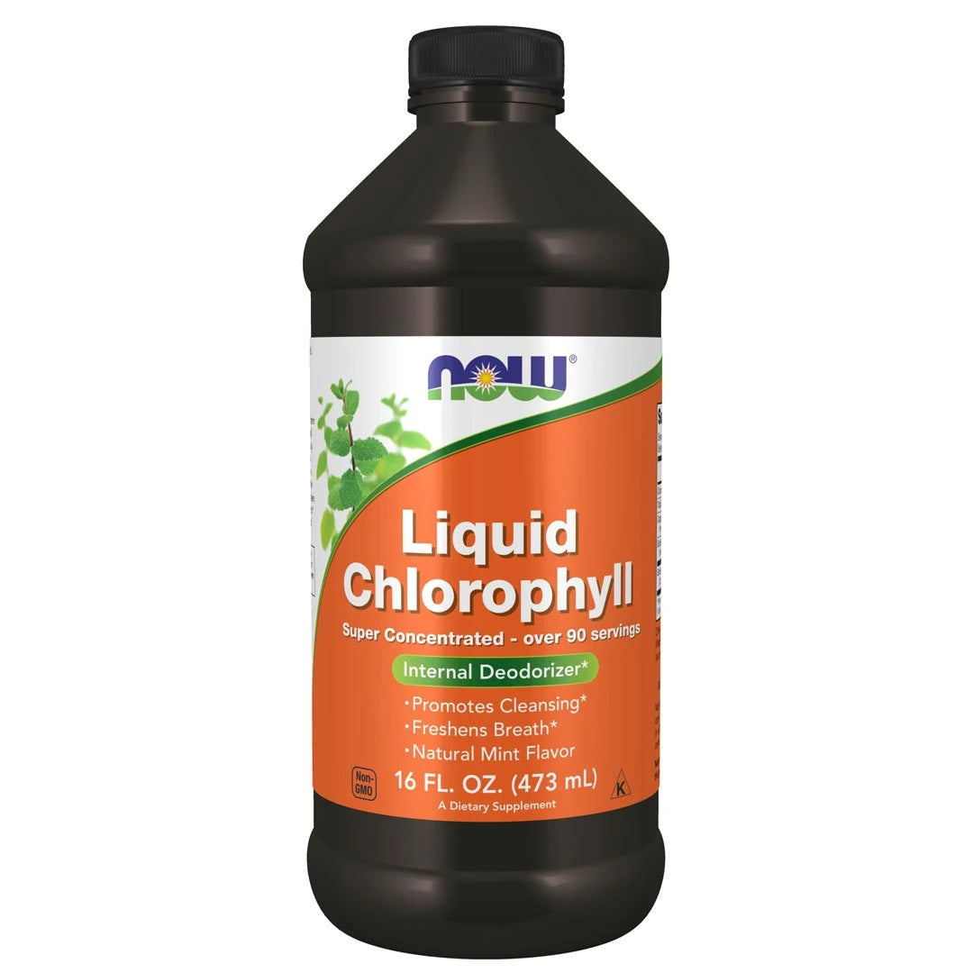 NOW Liquid Chlorophyll 473 ml flytande kosttillskott i en mörk flaska med orange och vit etikett.