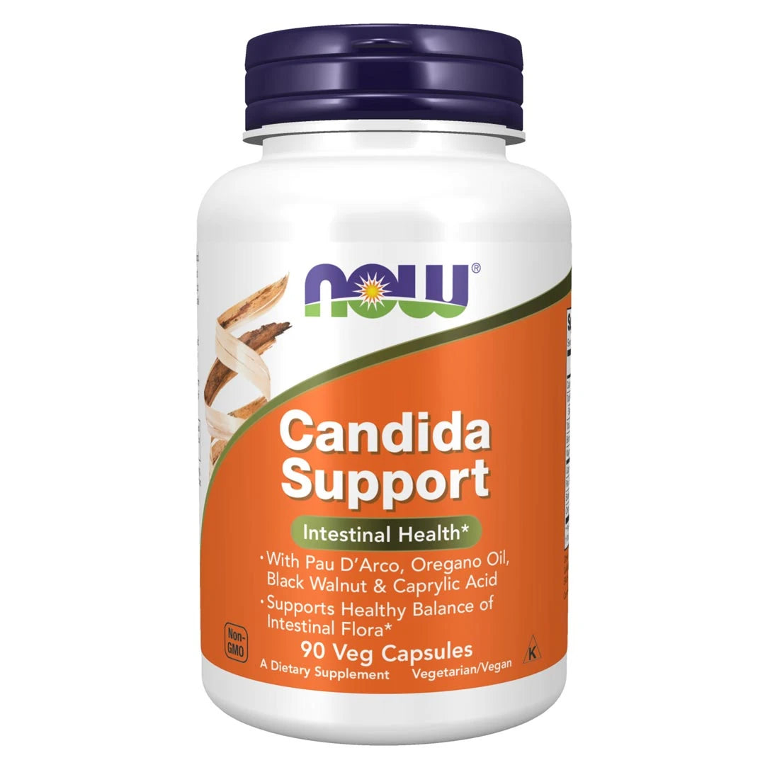 NOW Candida Support 90 caps i en vit burk med orange etikett och mörklila lock.