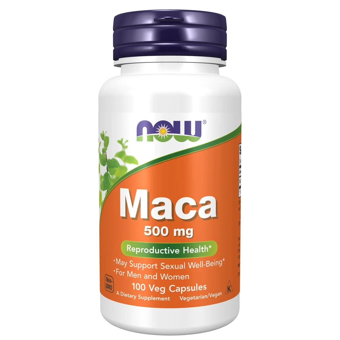 NOW MACA 500 mg 100 caps veganska kapslar i en vit plastburk med orange etikett och mörkblått lock.