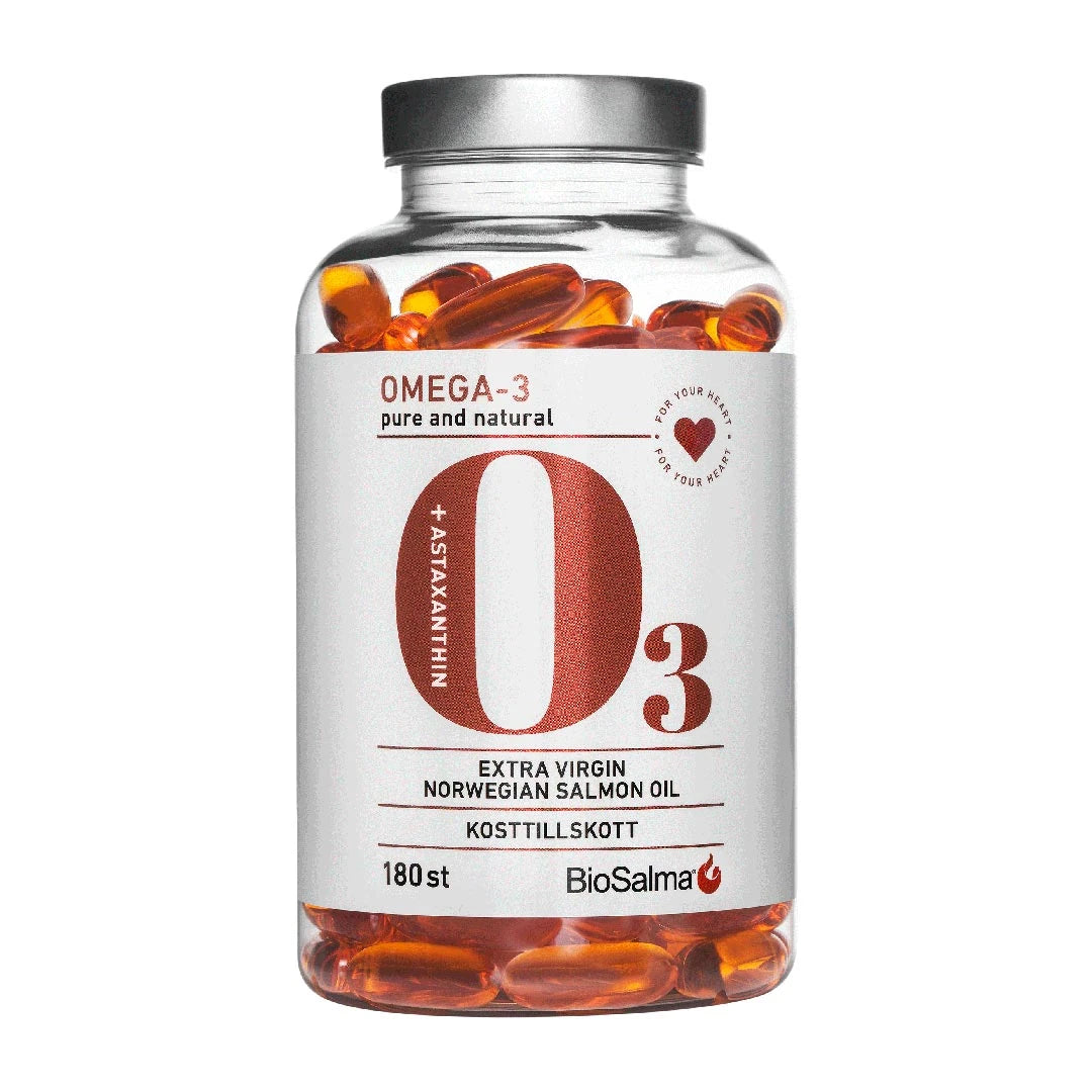 BioSalma Omega-3 Salmonoil 1000 mg 180 caps förpackad i en genomskinlig burk med vit etikett och orangea laxoljekapslar synliga.
